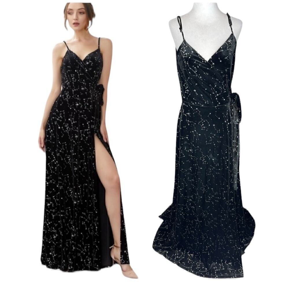 Zapaka Black Star Print Wrap Maxi Dress Sparkly Celestial Size 6